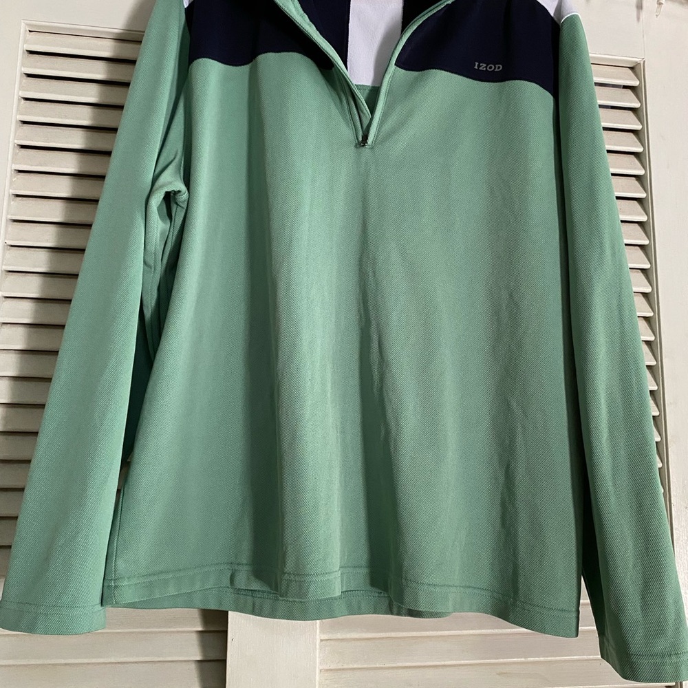 Izod Like New Men’s Golf Green and Navy and White Pullover 3/4 Zip Shirt